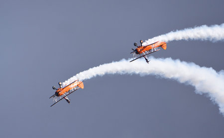 ICKWELL, BEDFORDSHIRE, ENGLAND - AUGUST 02, 2020: Aerosuperbatics  wing walking display team two...