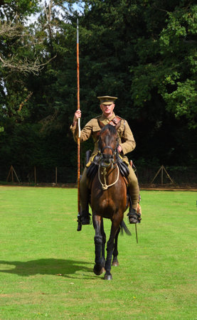 SILSOE, BEDFORDSHIRE, ENGLAND - AUGUST 14, 2021: World War One Lancer mounted and in Uniform...