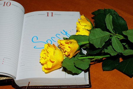 Yellow roses on a notebook as a sign of leavingの写真素材