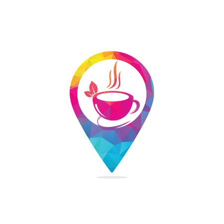 Herbal green tea cup map point shape concept logo, herbal drink logo,green leaf with mug logo, green leaf with tea cup logo concept.nature drink , health drink logo.のイラスト素材