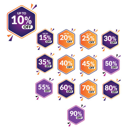 Sale tags set vector badges template, up to 10, 15, 20, 25, 30, 35, 40, 45, 50, 55, 60, 70, 80, 90...