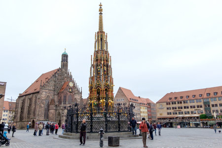 NUREMBERG, GERMANY - NOVEMBER 10, 2020: Ancient Fountain the Schoener Brunnen built in the 13th century in Nuremberg, Bavaria, Germanyのeditorial素材