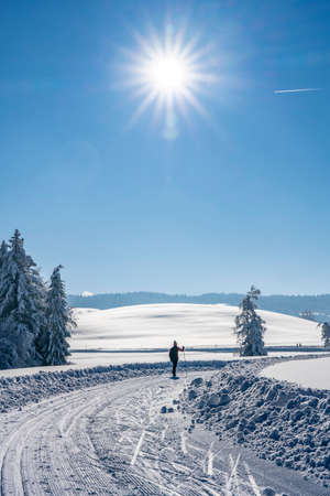 beautiful active senior woman cross-country skiing in fresh fallen powder snow in the Allgau alps near Immenstadt, Bavaria, Germanyの写真素材