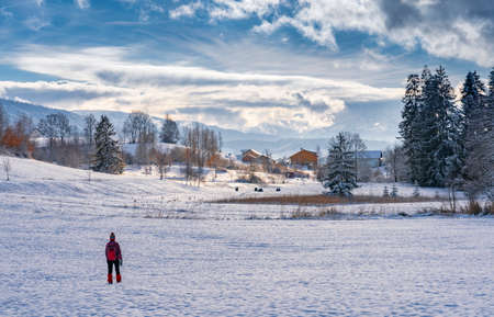 nice active senior woman snowshoeing in the Allgaeu Alps near Oberstaufen with view into the Bregenzerwald, Vorarlberg, Austriaの写真素材