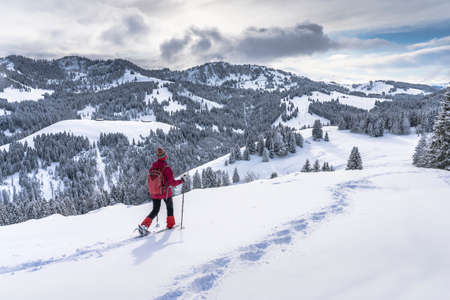 nice and active senior woman snowshoeing in deep powder snow in the Allgau alps, Bavaria, Germanyの写真素材