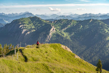 pretty senior woman hiking in the early evening in warm dawn light on the ridge of the Nagelfluh chain in the Allgau Alps near Immenstadt, Bavaria, Germanyの写真素材