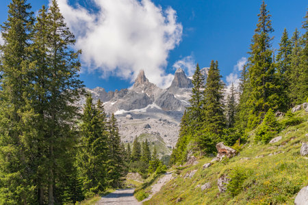 rocky mountain landscape with the summits of Drusenfluh and three Towers in Montafon valley near Tschagguns, Vorarlberg, Austriaの写真素材