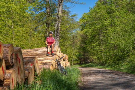 nice and remained young senior woman, sitting and having a rest break on a pile of tree trunks during a bicycle tour in a springtime forest in the Stromberg area near Zaberfeld, Baden-Wuerttemberg,の写真素材