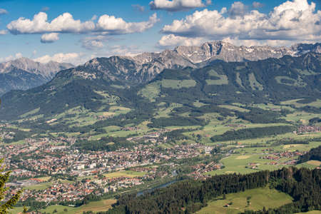 spectacular panoramic view over the Iller valley to the Allgau High Alps between Sonthofen and Oberstdorf, Allgau Alps, Bavaria, Germany, Landscape photographyの写真素材