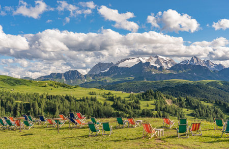 awesome view from Pralongia Plateau in the Alta Badia Dolomites towards glacier covered Marmolada summit, highst peak in the Dolomites, South Tyrol and Trentino, Italy, mountain landscapeの写真素材