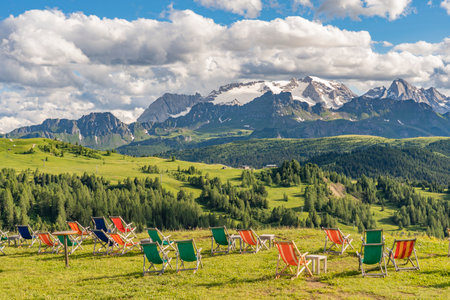 awesome view from Pralongia Plateau in the Alta Badia Dolomites towards glacier covered Marmolada summit, highst peak in the Dolomites, South Tyrol and Trentino, Italy, mountain landscapeの写真素材