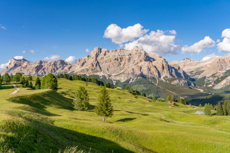 stunning landscape on the Pralongia Plateau in the Alta Badia Dolomites with awesome Sasso die Santa Cruce summit in Backg, South Tirol and Trentino, Italyの写真素材