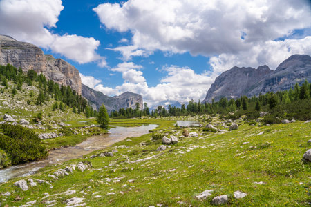 breathtaking mountain landscape in The Fanes-Sennes-Braies Nature Park of the Alta Badia Dolomites, South Tyrol, Italyの写真素材