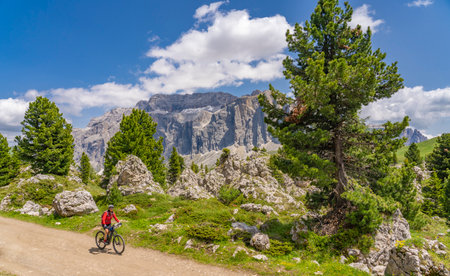 pretty active senior woman riding her electric mountain bike up to Valparola Pass with awesome view down to Passo Falzarego in the Alta Badia Dolomites, South Tirol and Trentino, Italyの写真素材