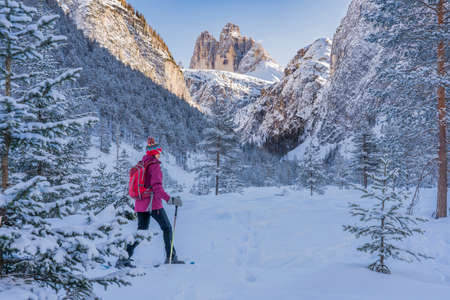 active senior woman snowshoeing in spectacular Hoehlenstein Valley under the famous Three Peaks, Dolomites near village of Toblach, South Tyrol, Italyの写真素材