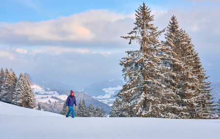 Woman walking on snow in the mountains. Beautiful winter landscape with snowy fir trees.の写真素材