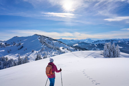 Winter hiking in the mountains on snowshoes with a backpack and tent.の写真素材