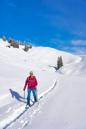 nice and active senior woman hiking in deep powder snow in the mountains of the Allgau alps near Balderschwang, Bavaria, Germanyの写真素材