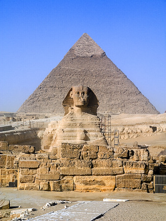 On the backdrop of the majestic pyramids in the desert Sphinxの写真素材