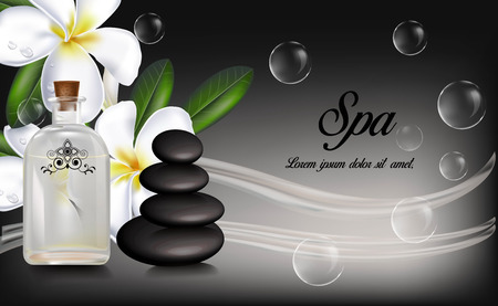 Spa essential oil bottle, plumeria flowers and zen stones, plumeria flowers and zen stonesのイラスト素材