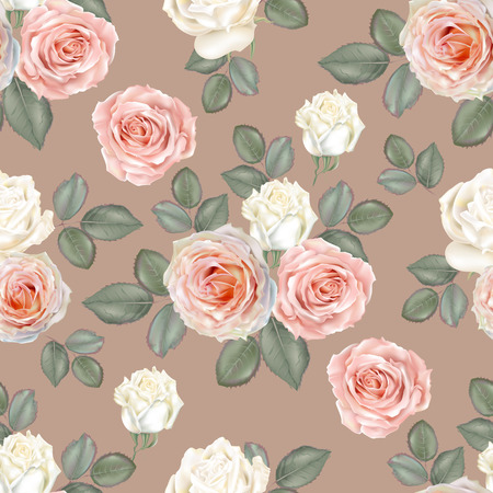 Seamless floral background pattern. Rose flowers white and pink color with leavs on brown background , vector illustrationのイラスト素材
