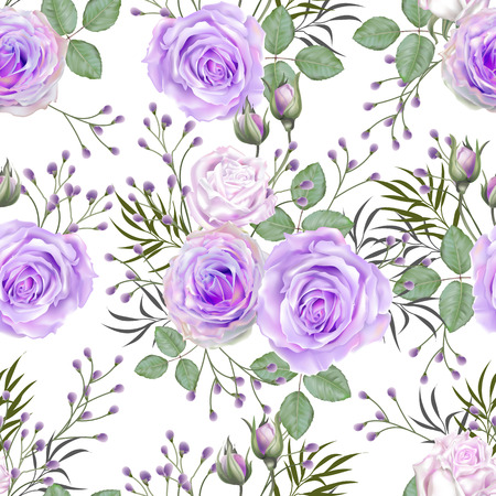 Seamless rose purple color with a little flowers and leaves on white background, vector illustrationのイラスト素材