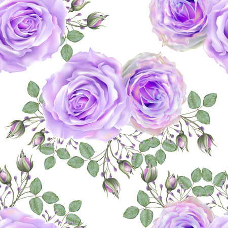 Rose purple colr with green leaves  seamless pattern on beige backgroundのイラスト素材