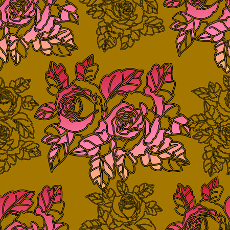 Line art  rose pink color,seamless pattern   on yellow backgroundのイラスト素材