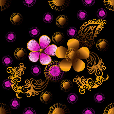 Graphic flower gold and pink seamless pattern on black background,vector illustrationのイラスト素材
