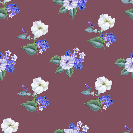 Seamless background pattern.petunia and for get me not flowers  with leaves.hand drawn. on brown backgroundのイラスト素材