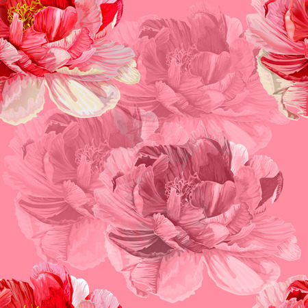 Peonies with green leaves on the pink background.  Romantic garden flowers illustration.のイラスト素材
