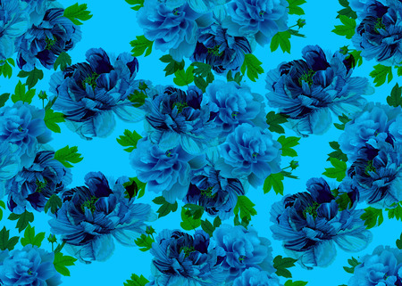 Seamless floral pattern,Peonies  and leaves on the  blue  background.  Romantic garden flowers illustration.のイラスト素材