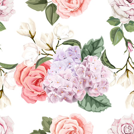 Seamless background pattern.Roses , magnolia and hydranyea with leaves.  Watercolor, hand drawn. on white background Vector illustrationのイラスト素材