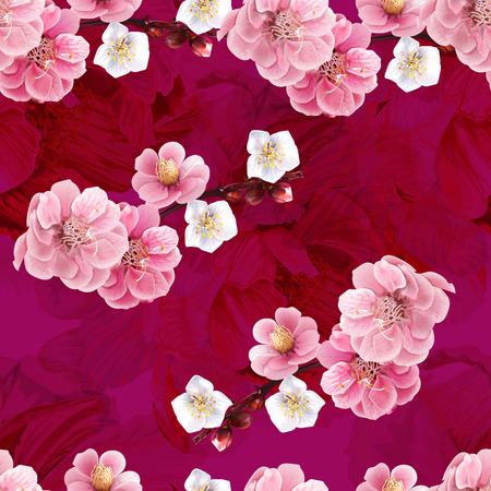 Chinese plum and peony flowers pink color seamless background pattern,vector illustrationのイラスト素材