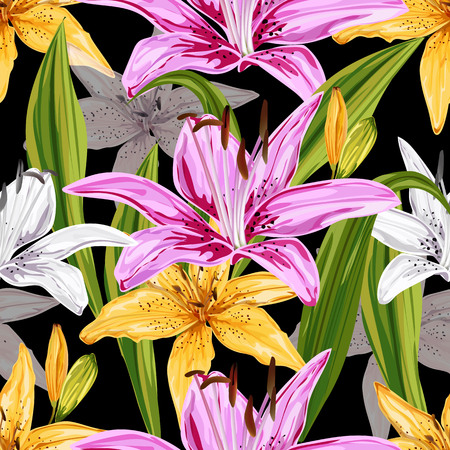 Floral seamless pattern,Lily flowers pink ,white,yellow colors,on black backgroundのイラスト素材