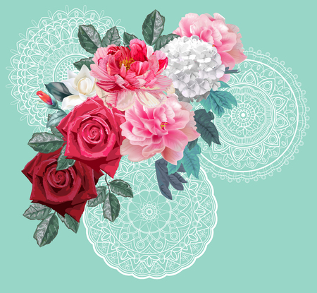 Peonies ,hydrangea and leaves bouquet on lace and green backgroundのイラスト素材