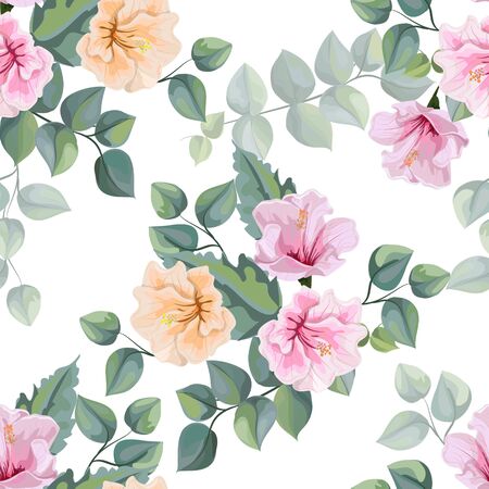 Hibiscus flower and Tropical leaves seamless pattern vector illustrationのイラスト素材