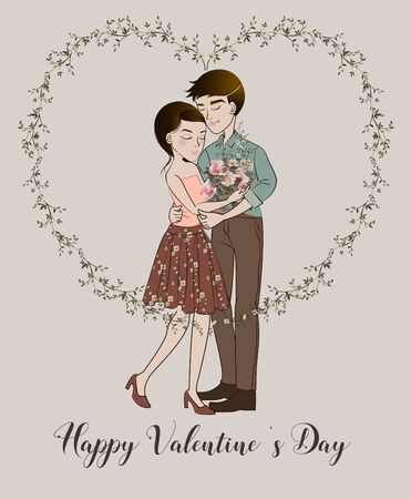 Happy valentine's day with lover and flower heart shape -vectorのイラスト素材