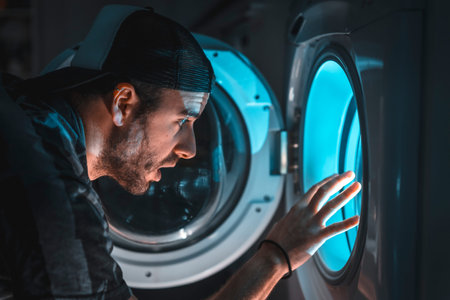 A young man in front of the light coming out of the washing machine, simulating a ship