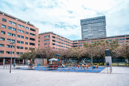 San Sebastian, Gipuzkoa / Spain ?; April 30, 2020: Social distance, empty children's parks in the city of San Sebatian, in the Egian neighborhoodのeditorial素材