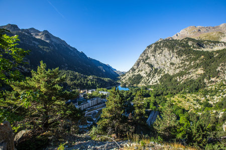 View from above of Panticosa baths in the Aragonese Pyrenees. Spain, vertical photo