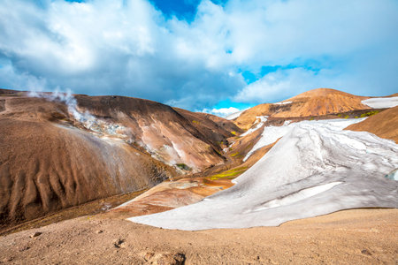 Beautiful glacier in summer at the highest point of the 4-day trek from Landmannalaugar. Iceland