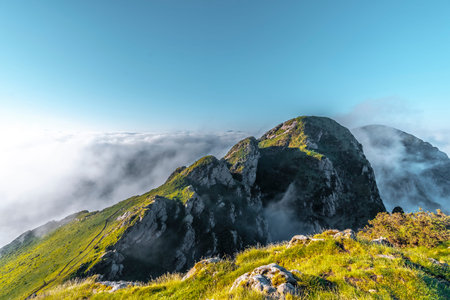 Detail of the foggy weather at dawn of the Peñas de Aya mountain or also called Aiako Harria,...