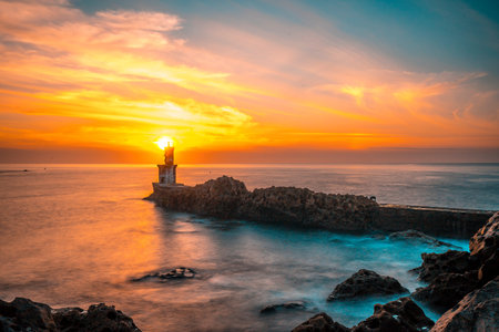 Detail of the lighthouse at sunset in Pasajes San Juan near San Sebastian, Guipuzcoa. Basque Countryの写真素材
