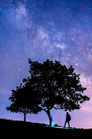 Monte Erlaitz in the town of Irún, Guipuzcoa. Basque Country. Night photography of the Milky Way in...