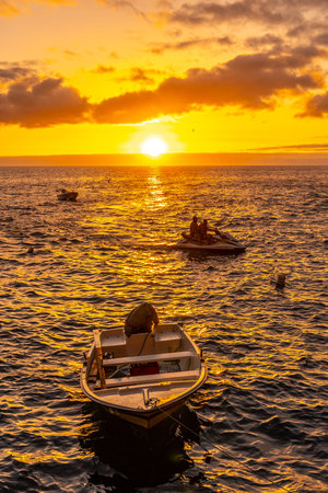 Sunset next to a staircase that goes down to the sea in the town of Poris de Candelaria on the north-west coast of the island of La Palma, Canary Islands. Spainの写真素材