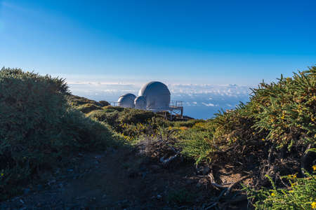 Observatories of the Roque de los Muchachos in the Caldera de Taburiente with a sea of nuts below one summer afternoon, La Palma, Canary Islands. Spainの写真素材