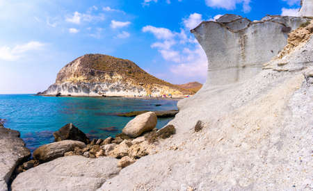 Panoramic view of Cala de Enmedio and its beautiful white rock walls in the natural park of Cabo de Gata, Nijar, Andalucia. Spainの写真素材