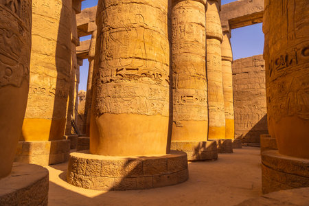 Detail of the columns with Egyptian drawings of the Temple of Karnak, the great sanctuary of Amun.