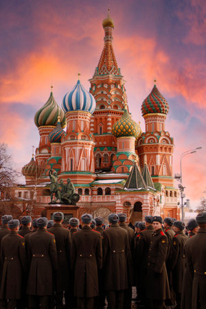 Moscow, Russia; January 2016: an academy of soldiers visiting Red Square in Moscow in a beautiful sunsetのeditorial素材